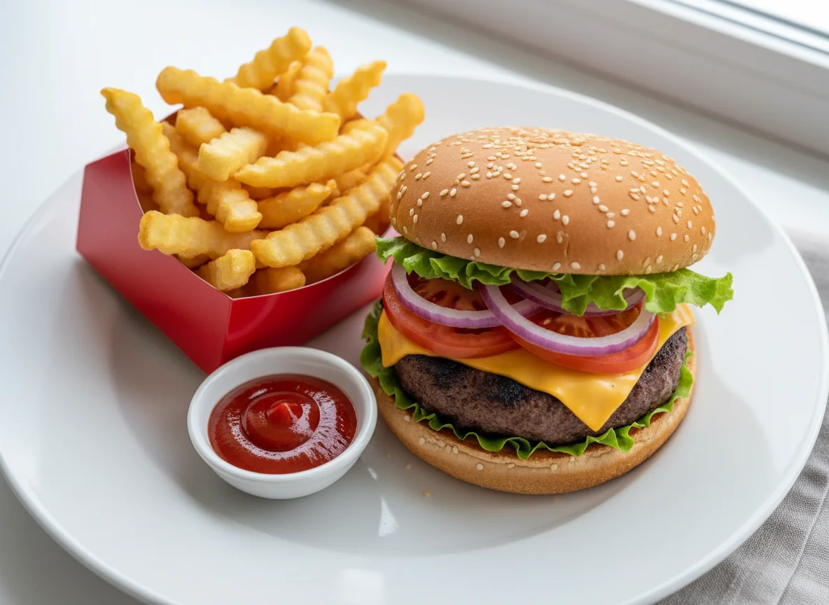 Beef Burger with Fries and Ketchup photo