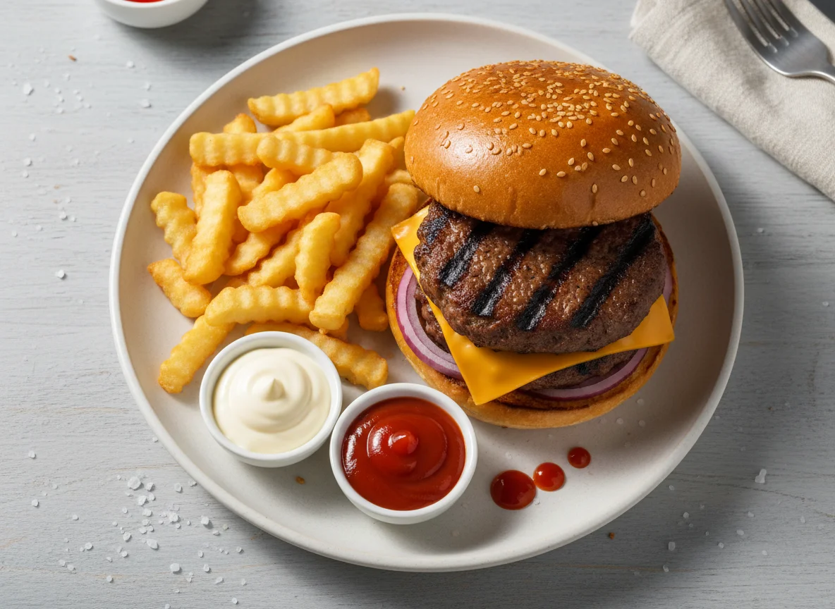 Beef Burger with Fries and Sauces photo