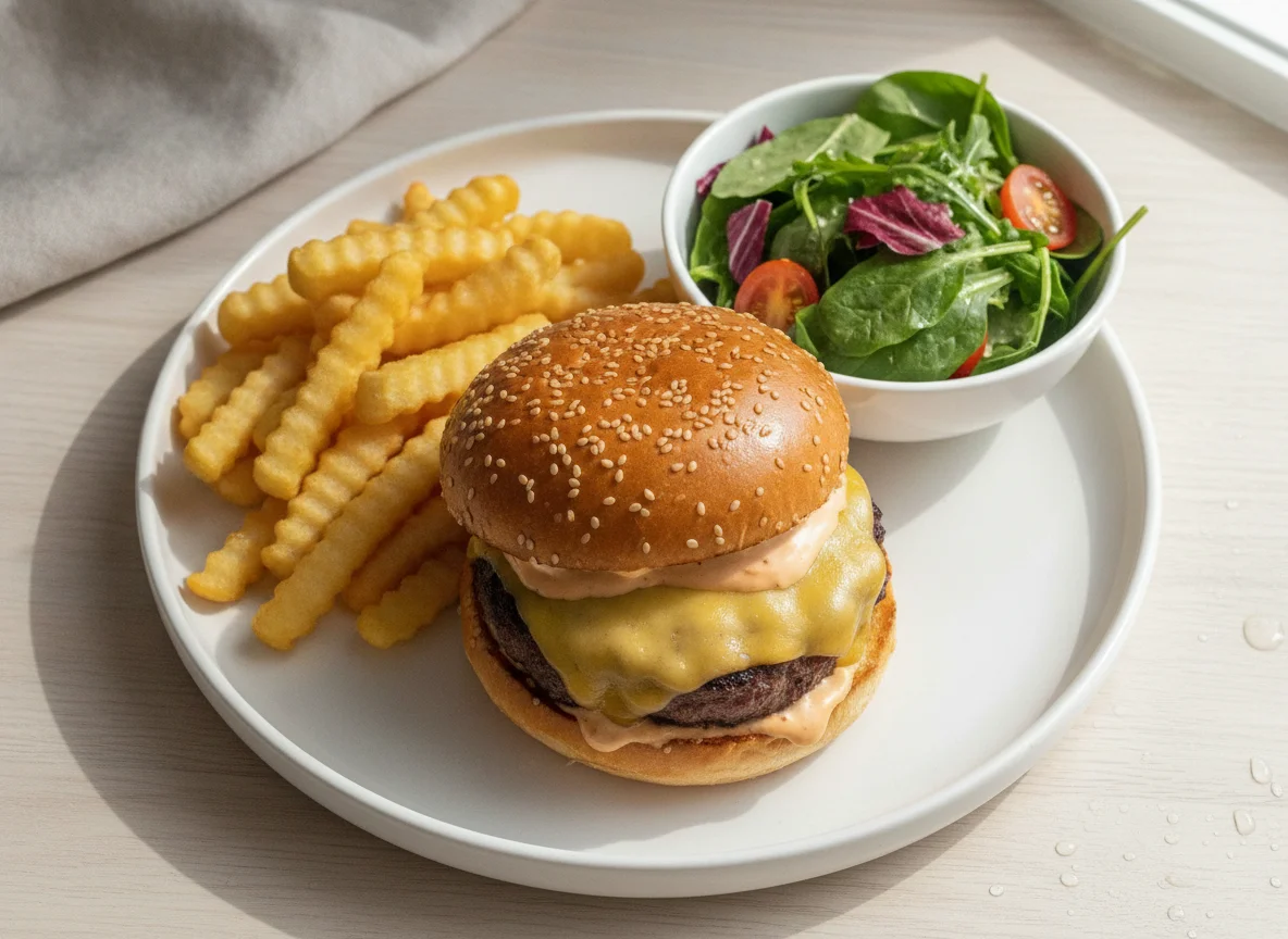 Beef burger with fries and side salad photo