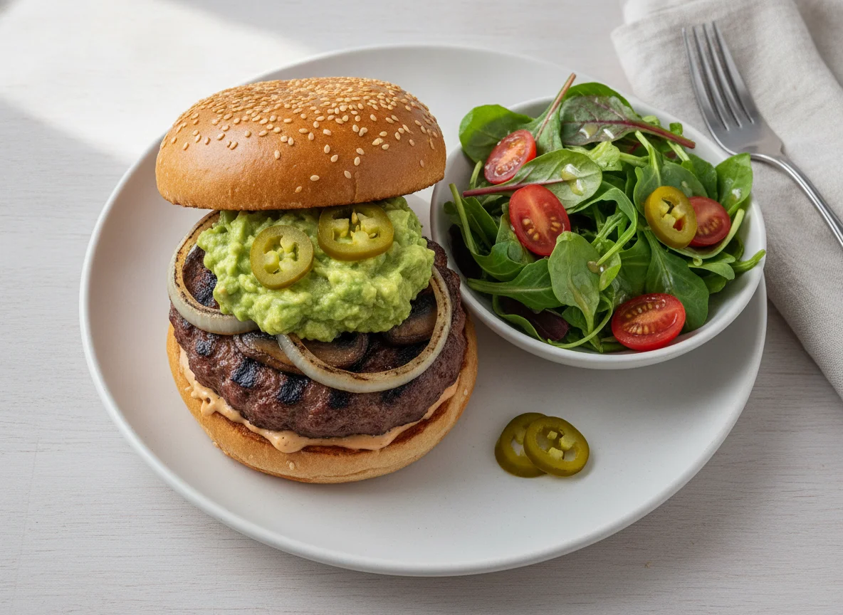 Beef Burger with Guacamole and Side Salad photo