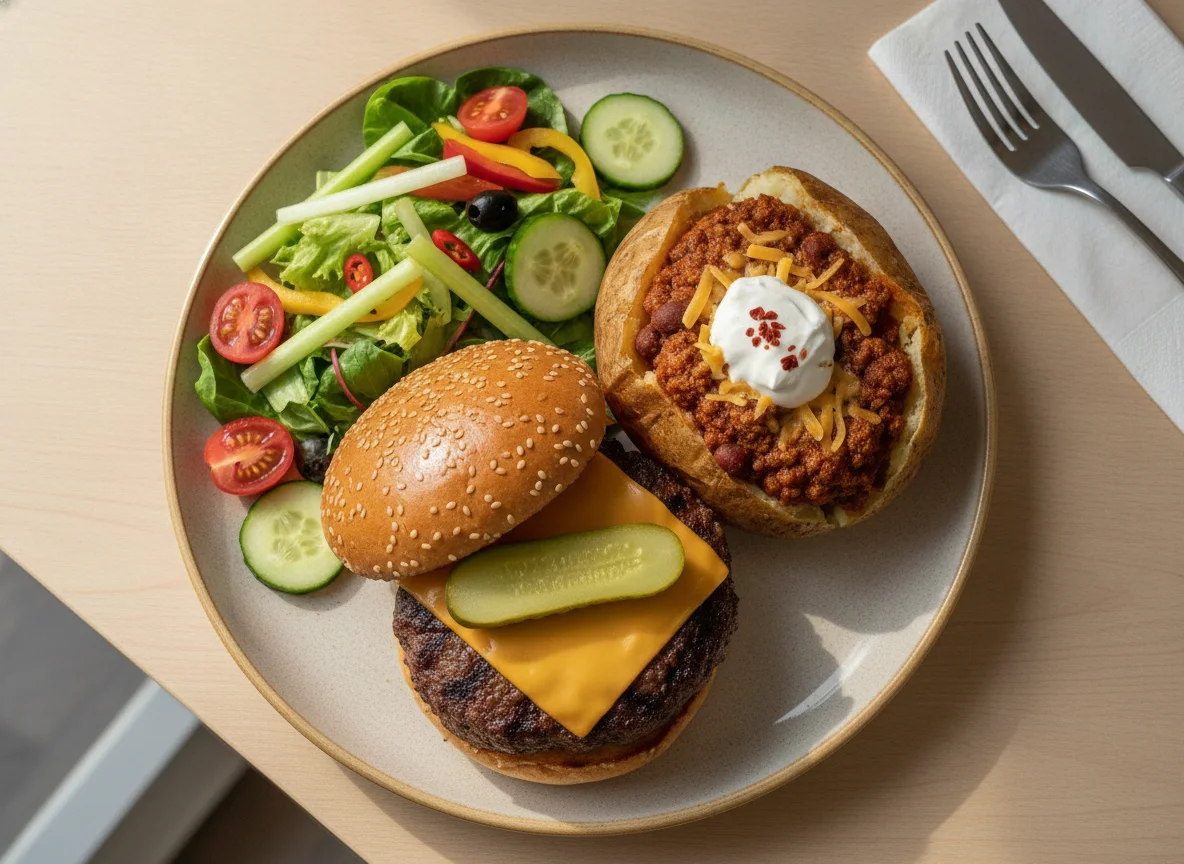Beef burger with jacket potato and mixed salad photo
