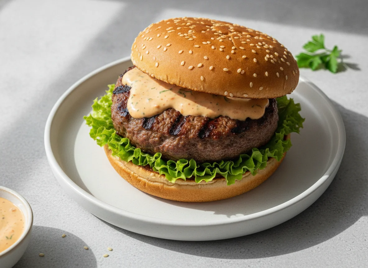 Beef Burger with Lettuce and Sauce photo