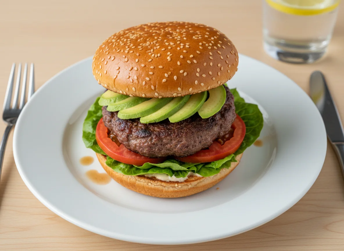 Beef Burger with Lettuce, Avocado, and Tomato photo