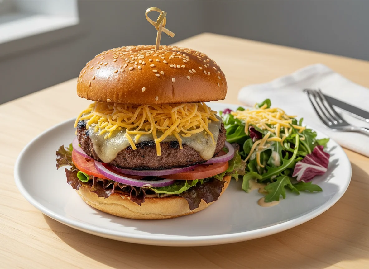Beef Burger with Mixed Salad and Cheese photo