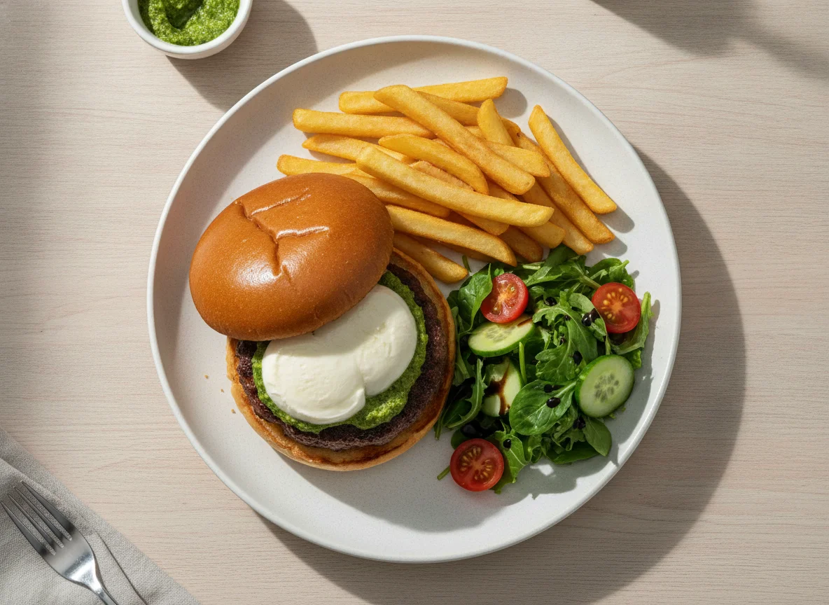 Beef Burger with Mozzarella and French Fries photo