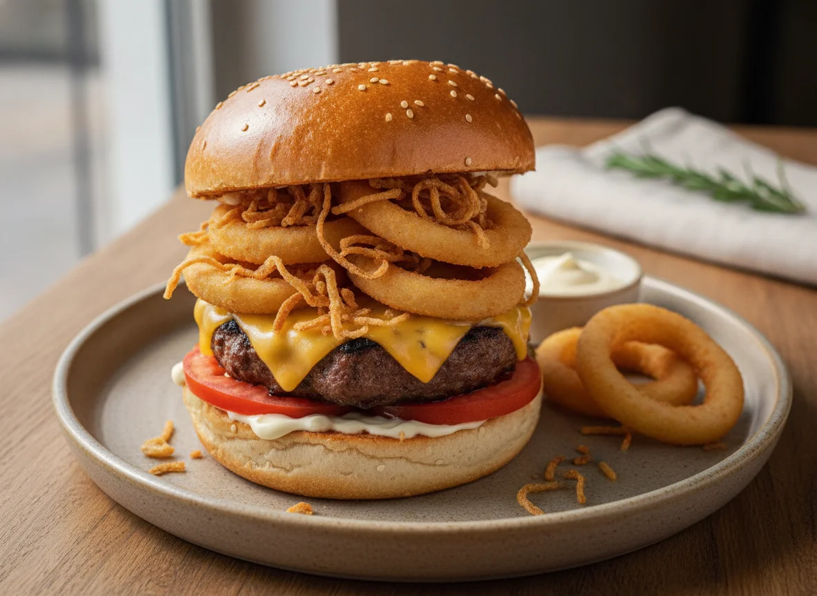 Beef burger with onion rings photo