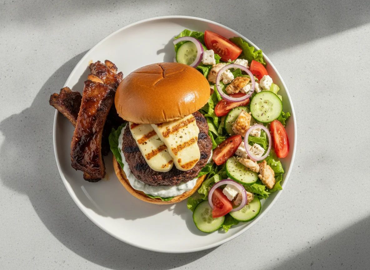 Beef burger with pork ribs and Greek salad photo