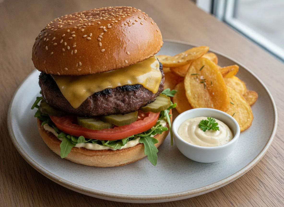 Beef Burger with Potato Chips and Aioli photo
