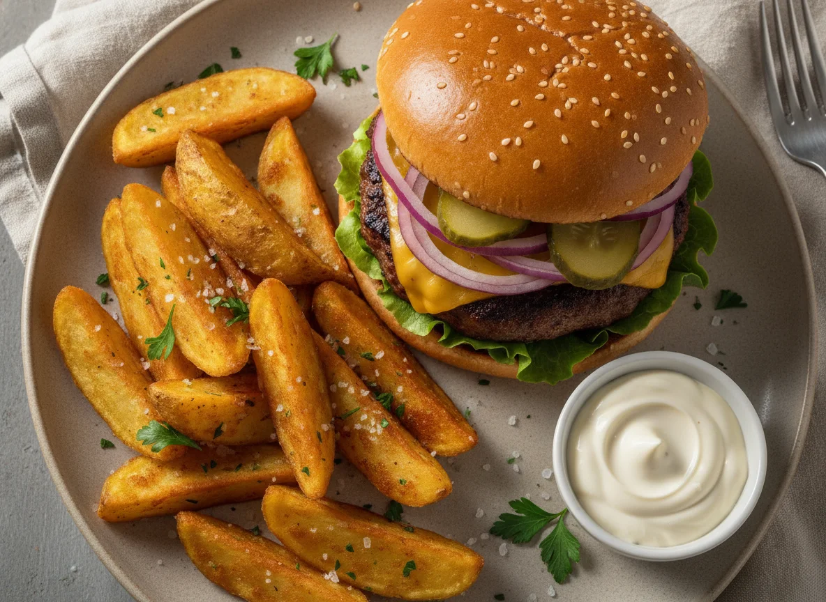 Beef Burger with Potato Wedges and Garlic Sauce photo