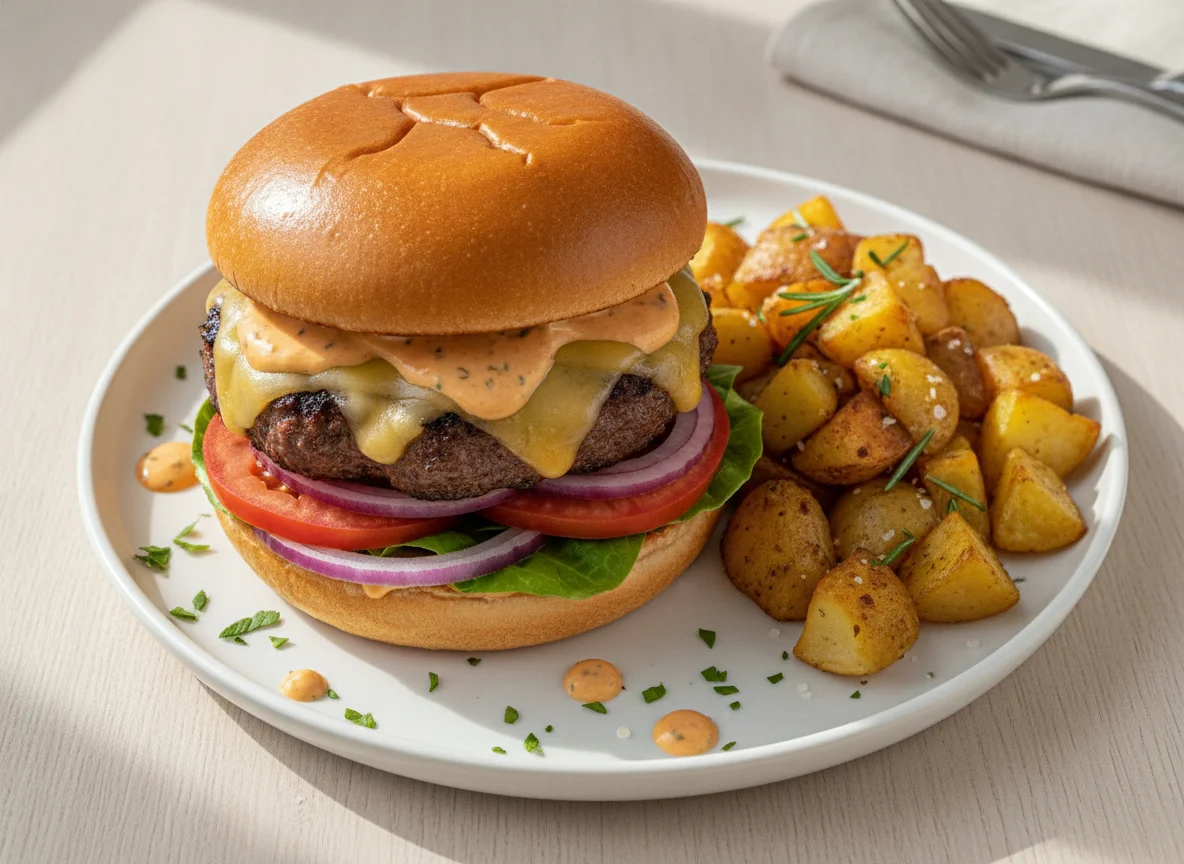 Beef burger with roasted potatoes photo