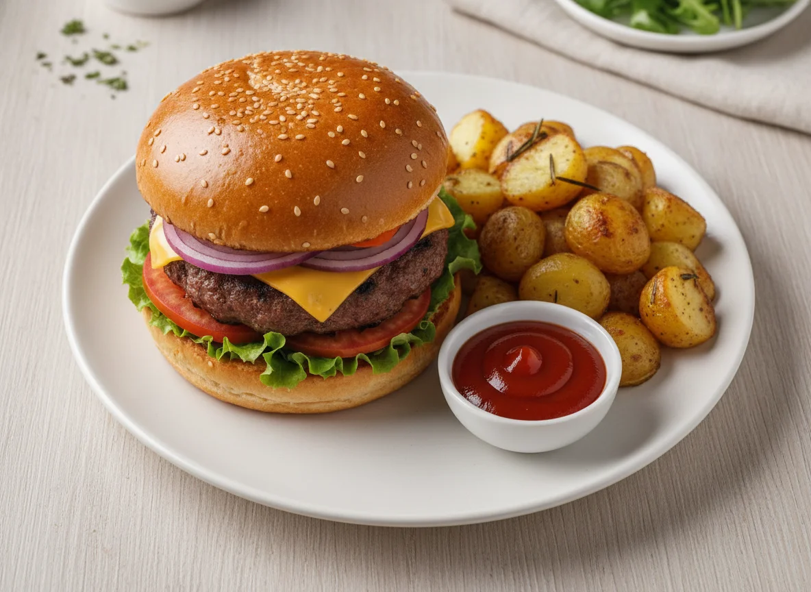 Beef burger with roasted potatoes and ketchup photo