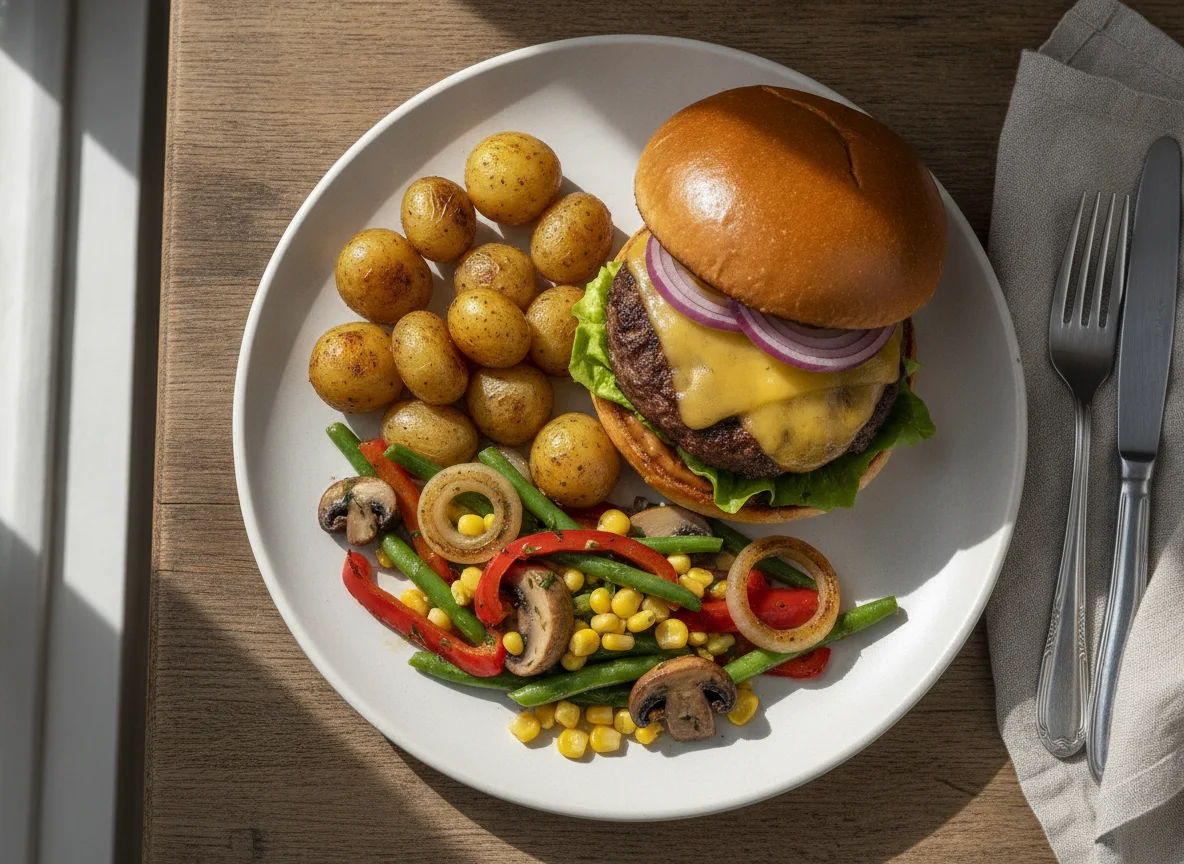 Beef burger with roasted potatoes and mixed vegetables photo