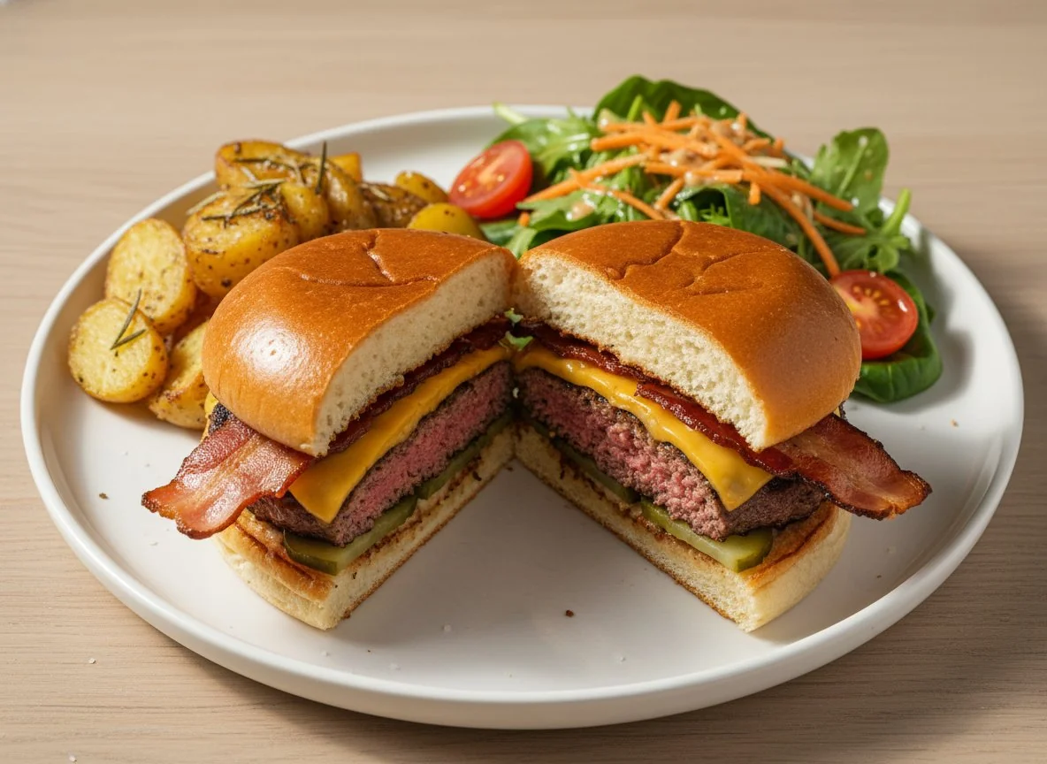 Beef burger with roasted potatoes and salad photo