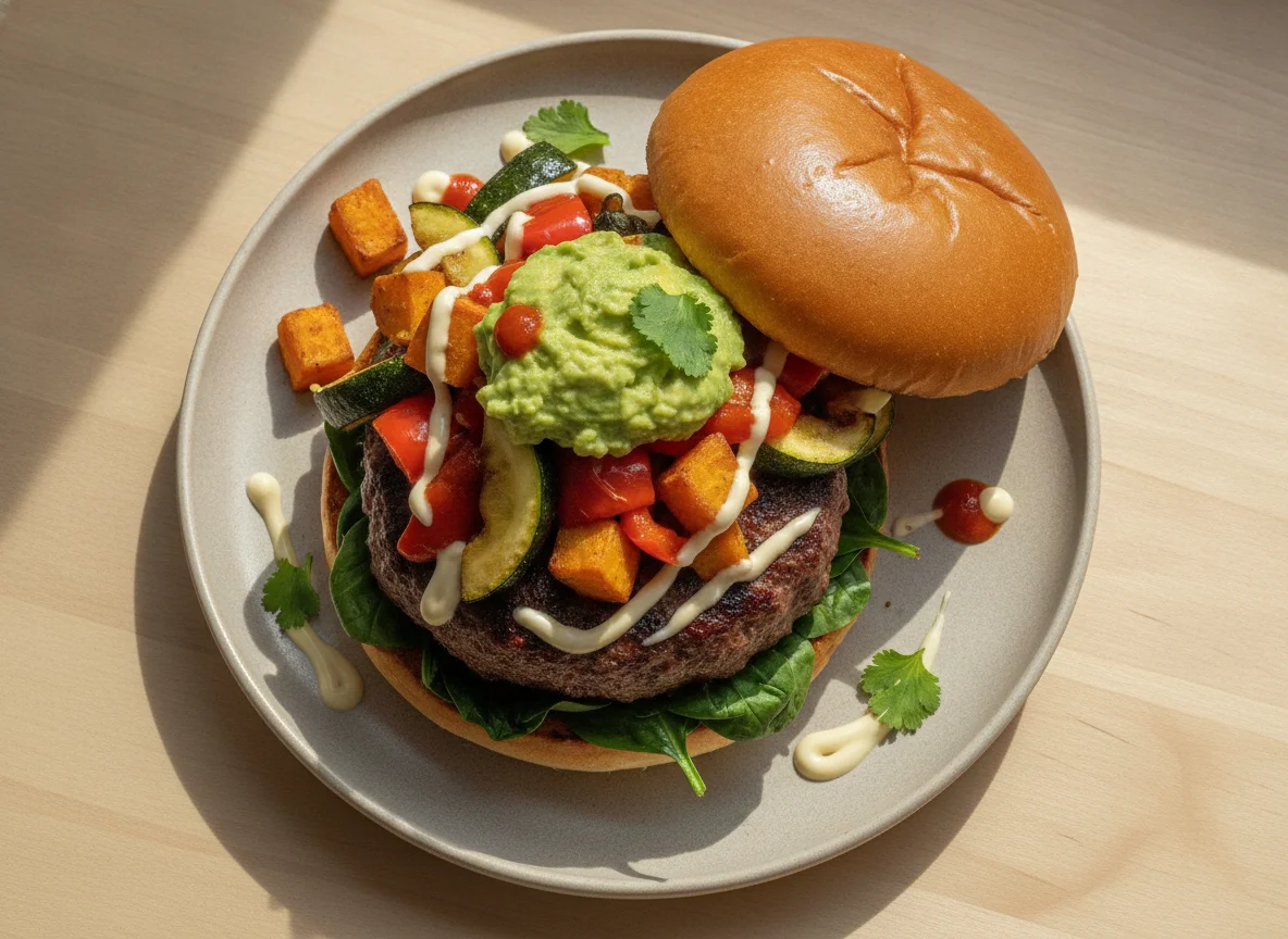Beef burger with roasted vegetables, avocado and sauces photo