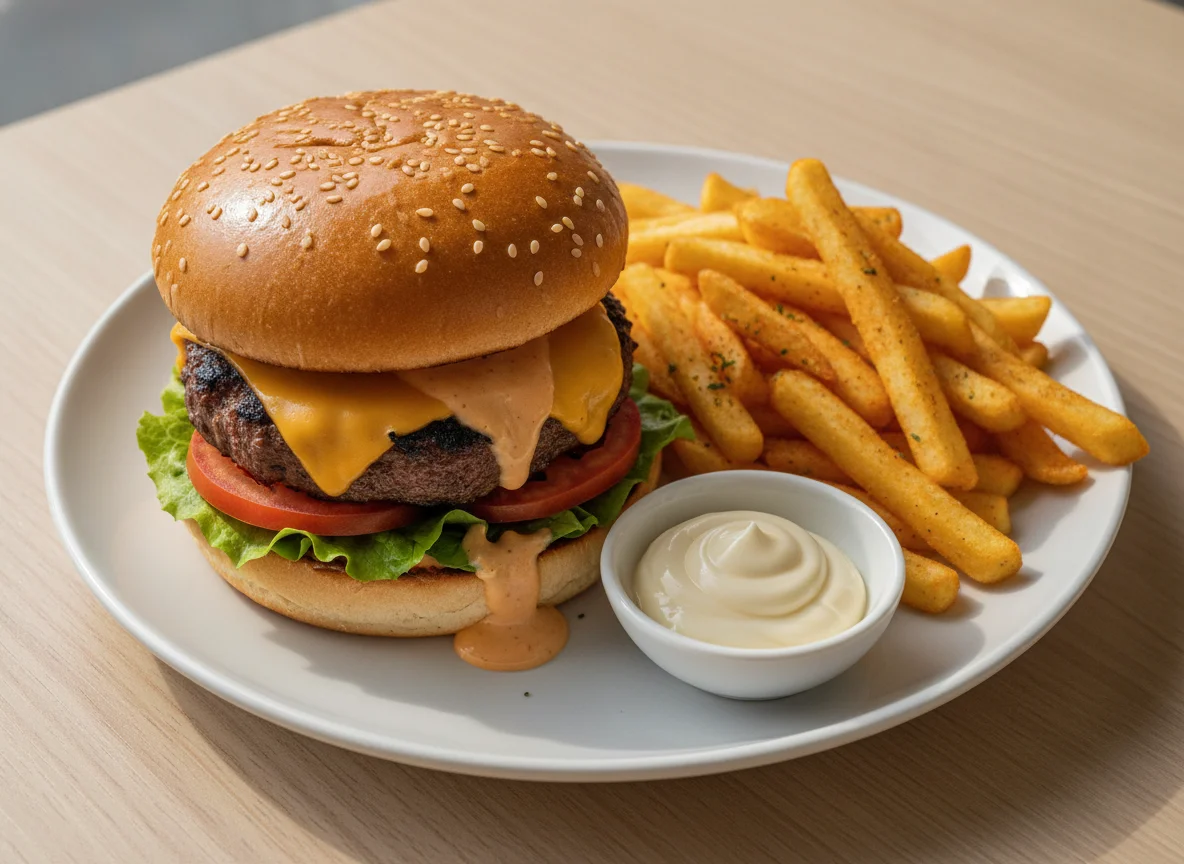 Beef burger with seasoned fries and mayonnaise photo