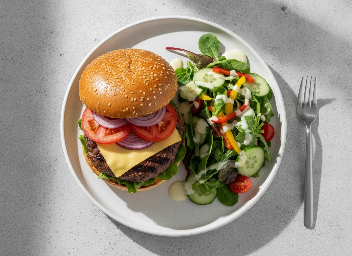 Beef Burger with Side Salad photo
