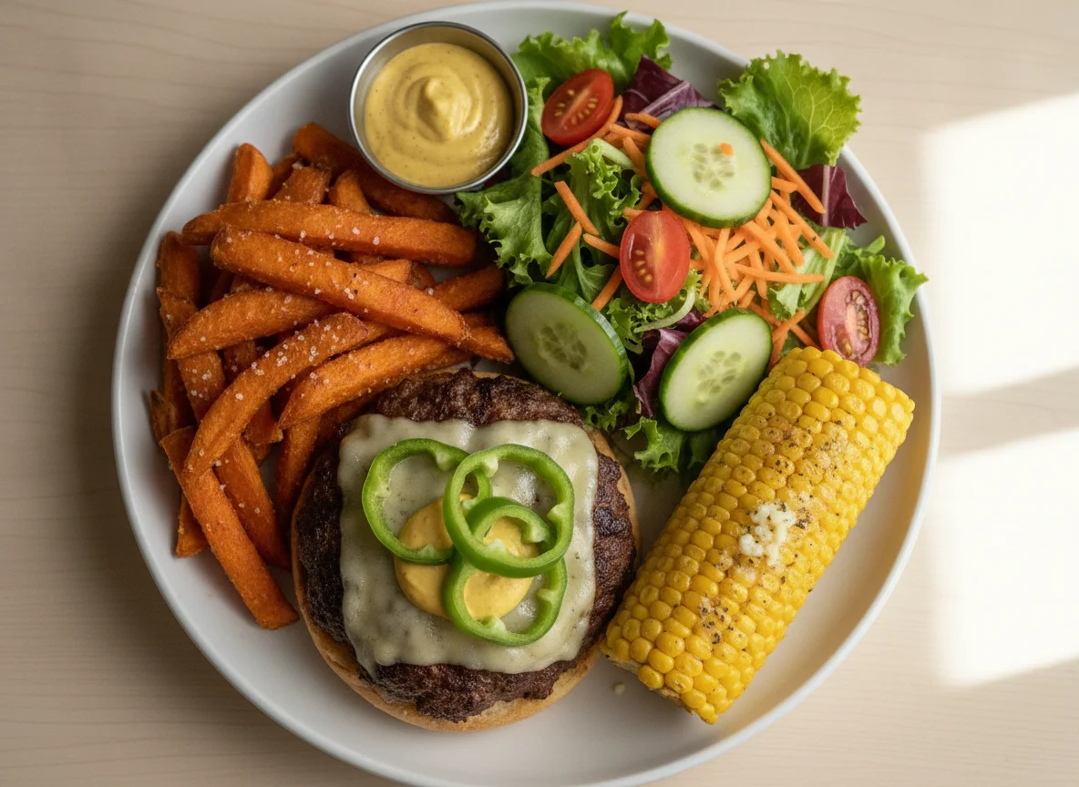 Beef burger with sweet potato, corn, and mixed salad photo