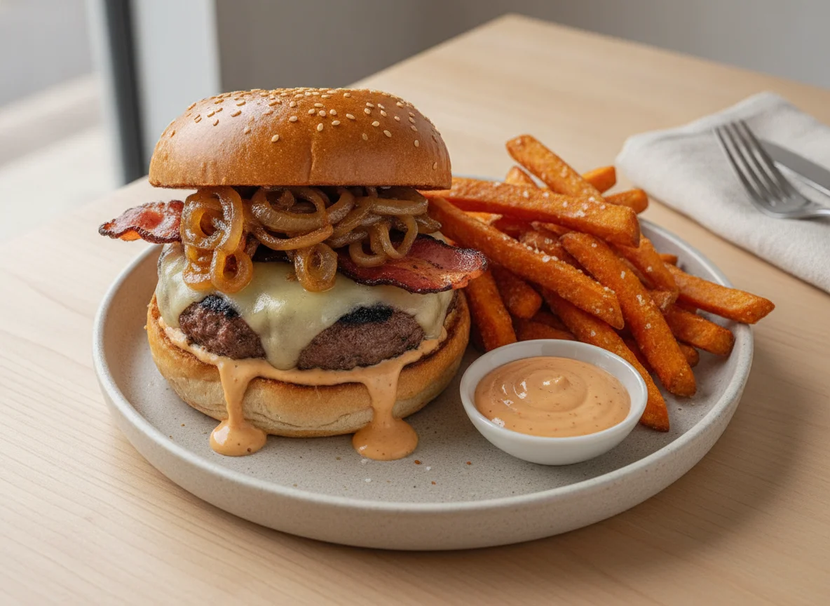 Beef burger with sweet potato fries photo