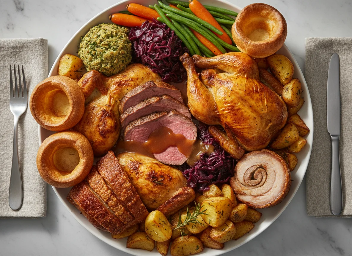 Beef, chicken and pork roast photo
