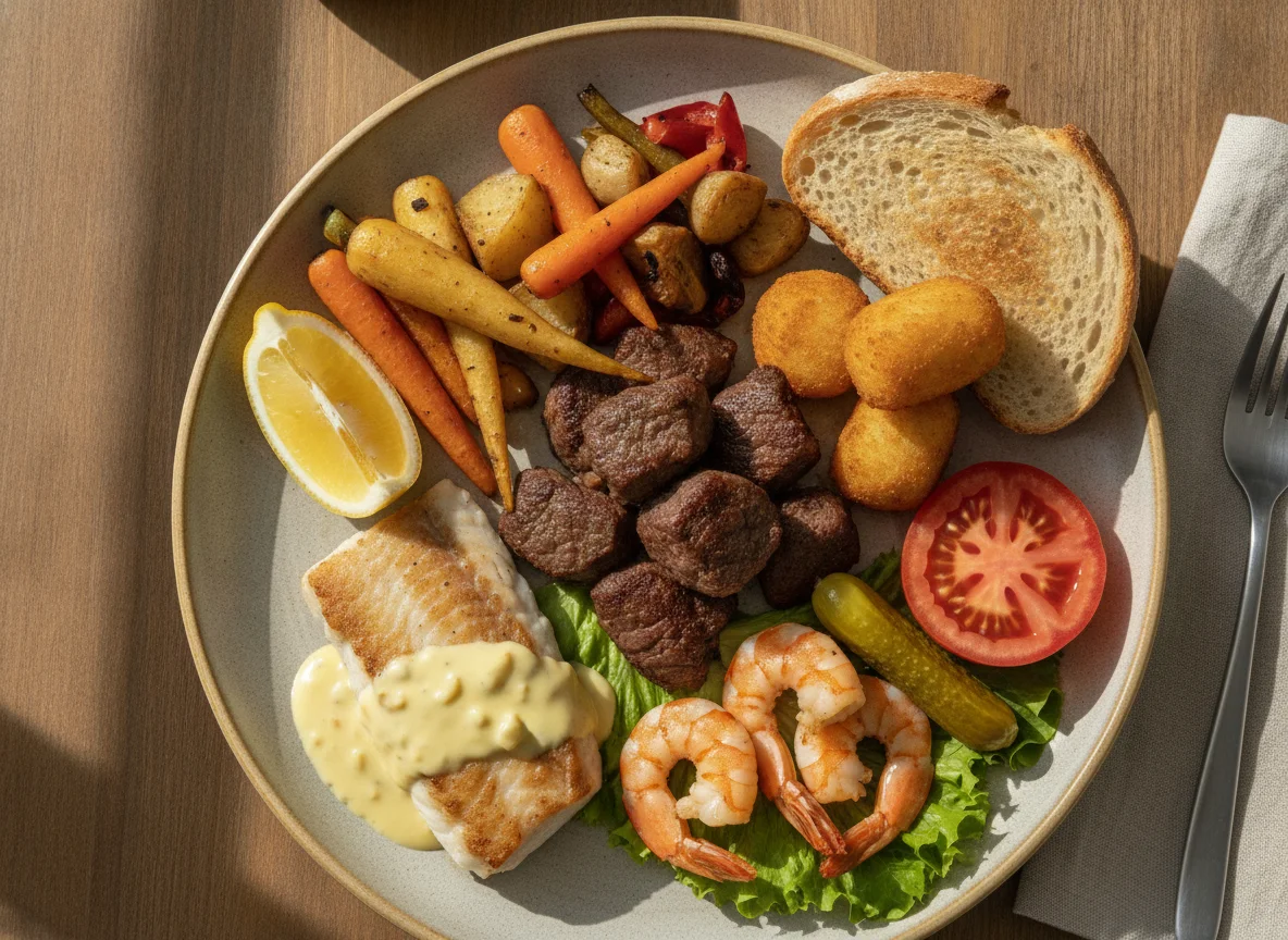 Beef chunks with vegetables, croquettes, and shrimp appetizer photo
