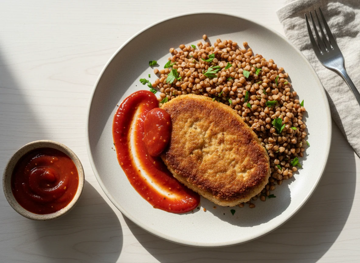 Beef cutlet with buckwheat and ketchup photo