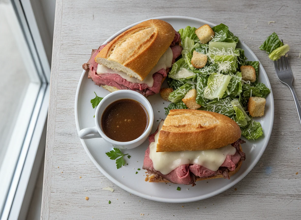Beef Dip Sandwich with Caesar Salad and Au Jus photo
