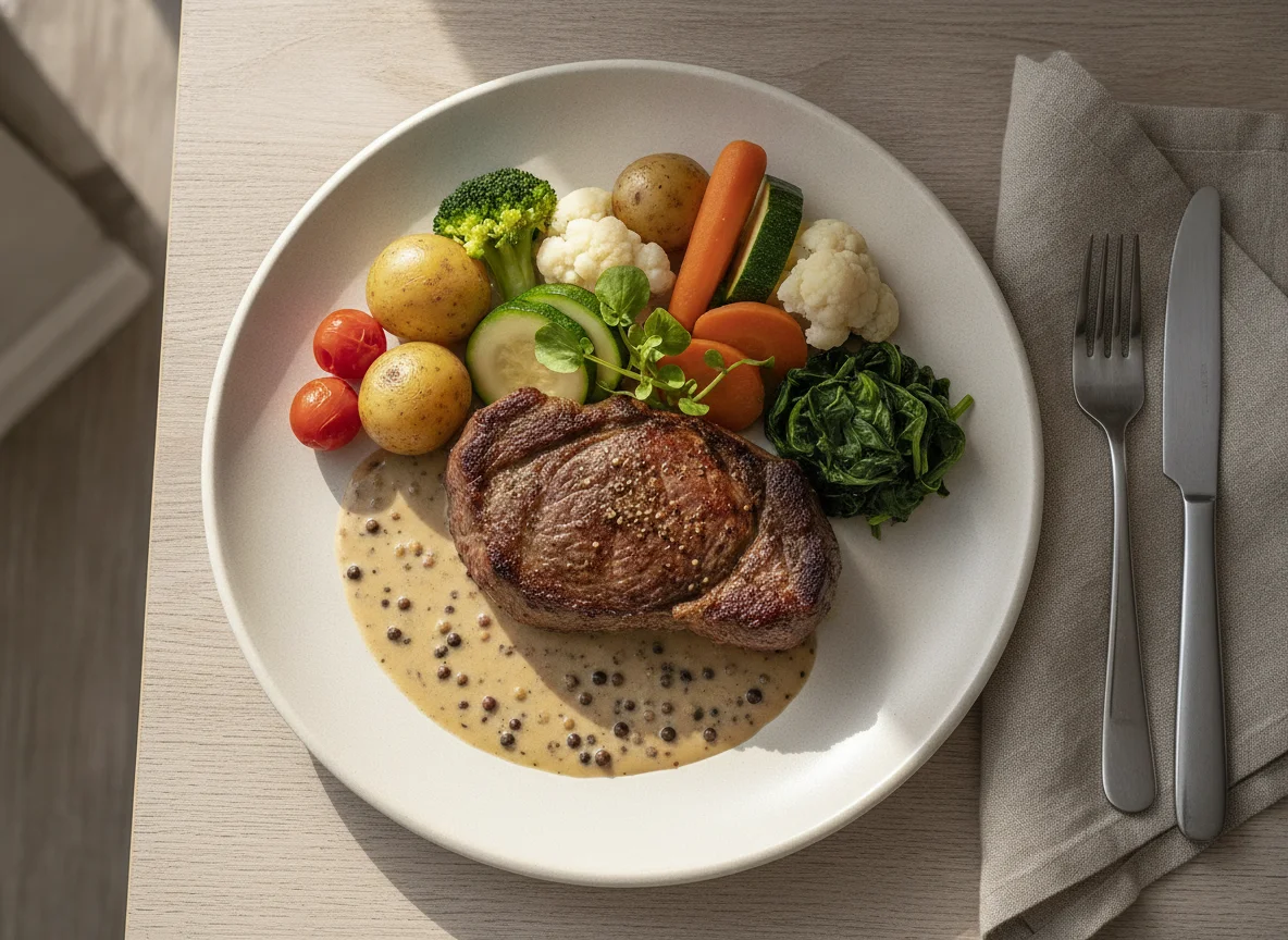 Beef Fillet with Peppercorn Sauce and Steamed Vegetables photo