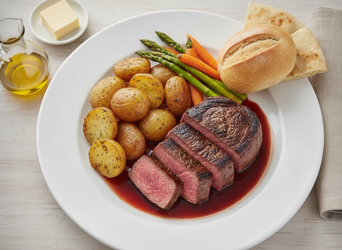 Beef fillet with roasted potatoes and vegetables photo