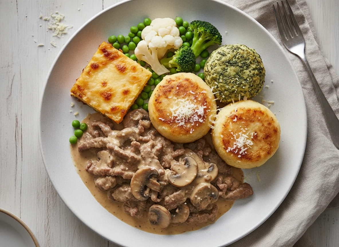 Beef Geschnetzeltes with Knödel and Mixed Vegetables photo