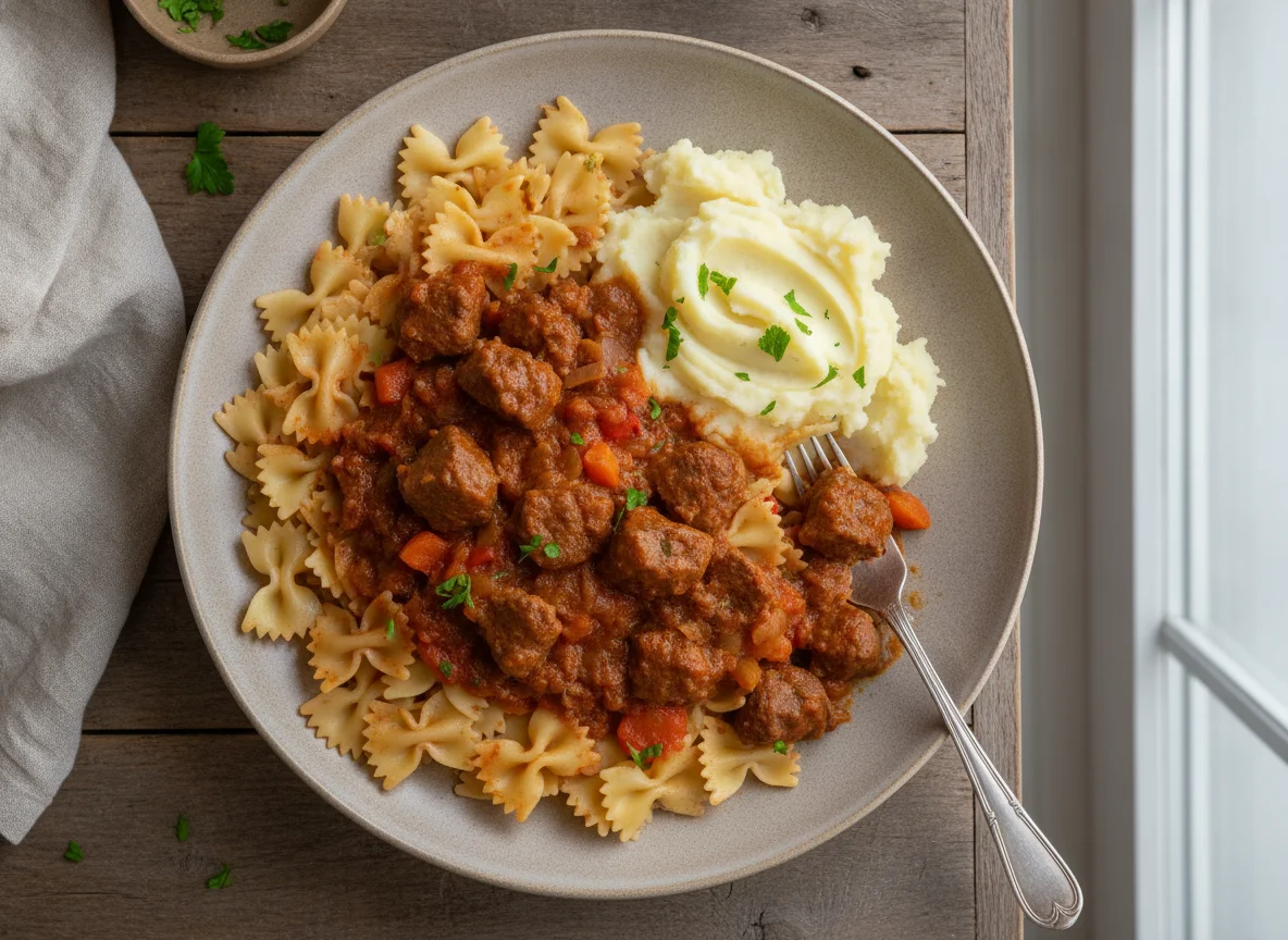 Beef Goulash with Farfalle Pasta and Mashed Potatoes photo