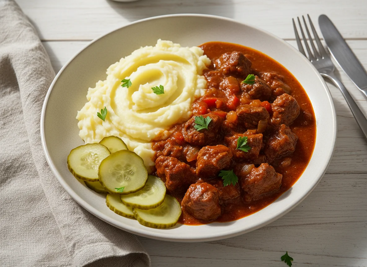 Beef Goulash with Mashed Potatoes and Pickles photo