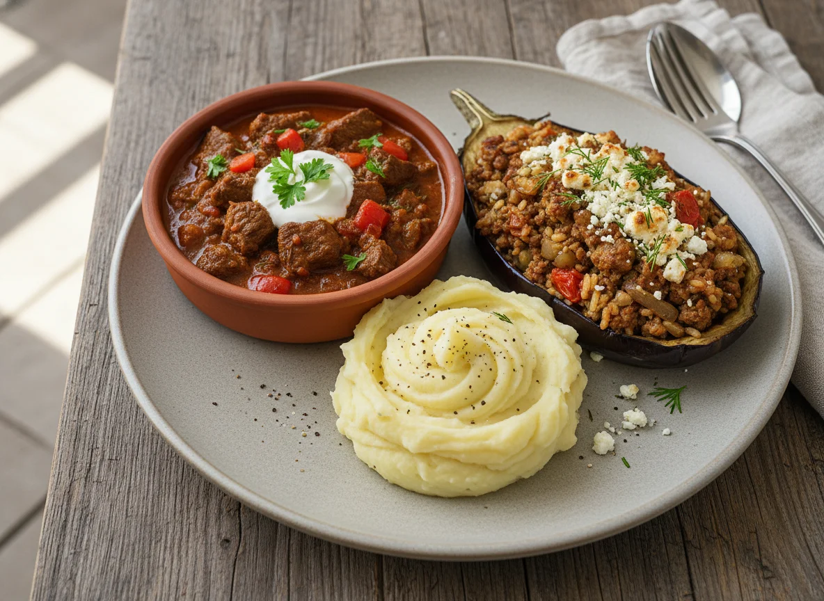 Beef Goulash with Mashed Potatoes and Stuffed Eggplant photo