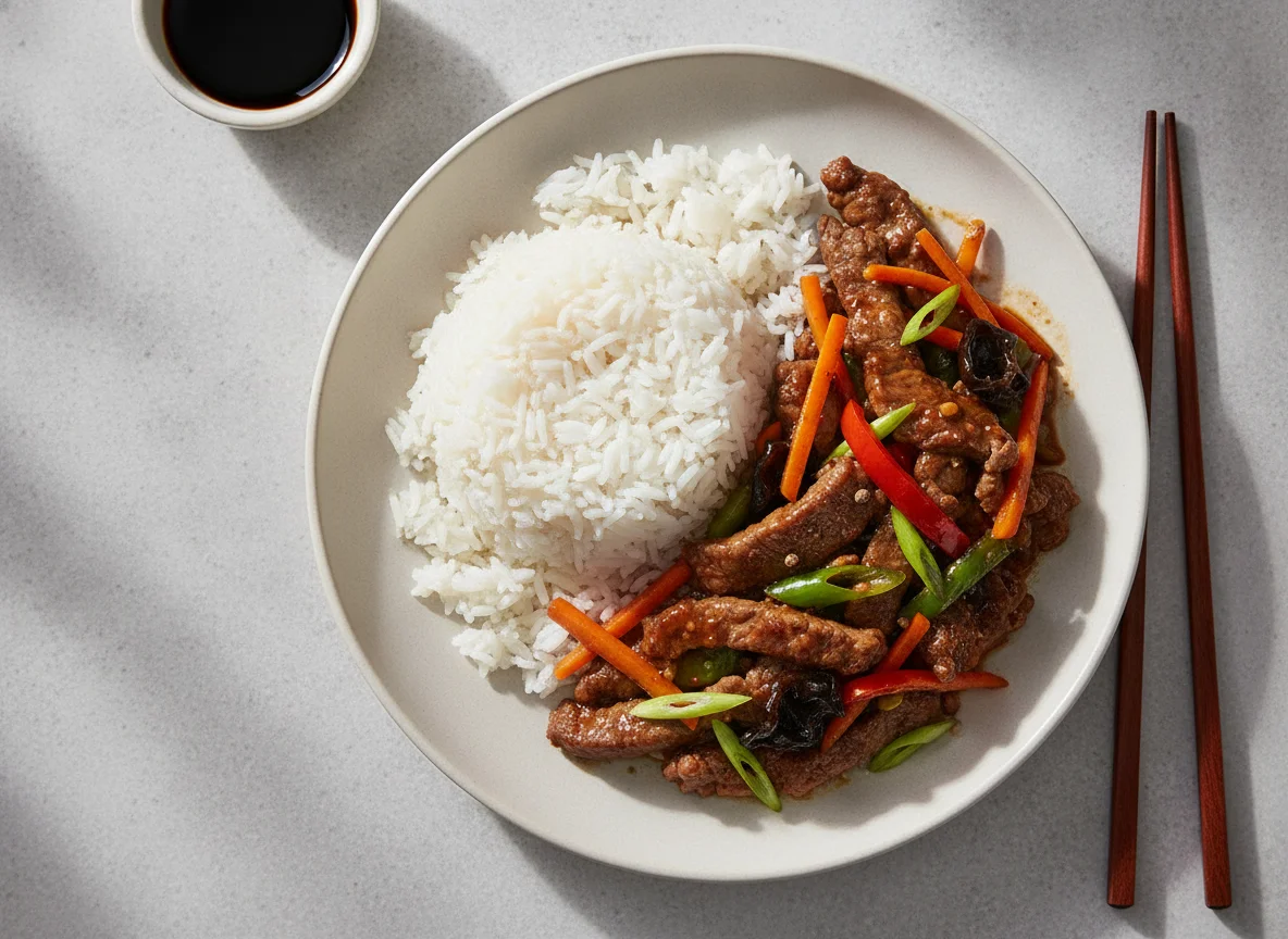 Beef in Black Pepper Sauce with Steamed Rice photo