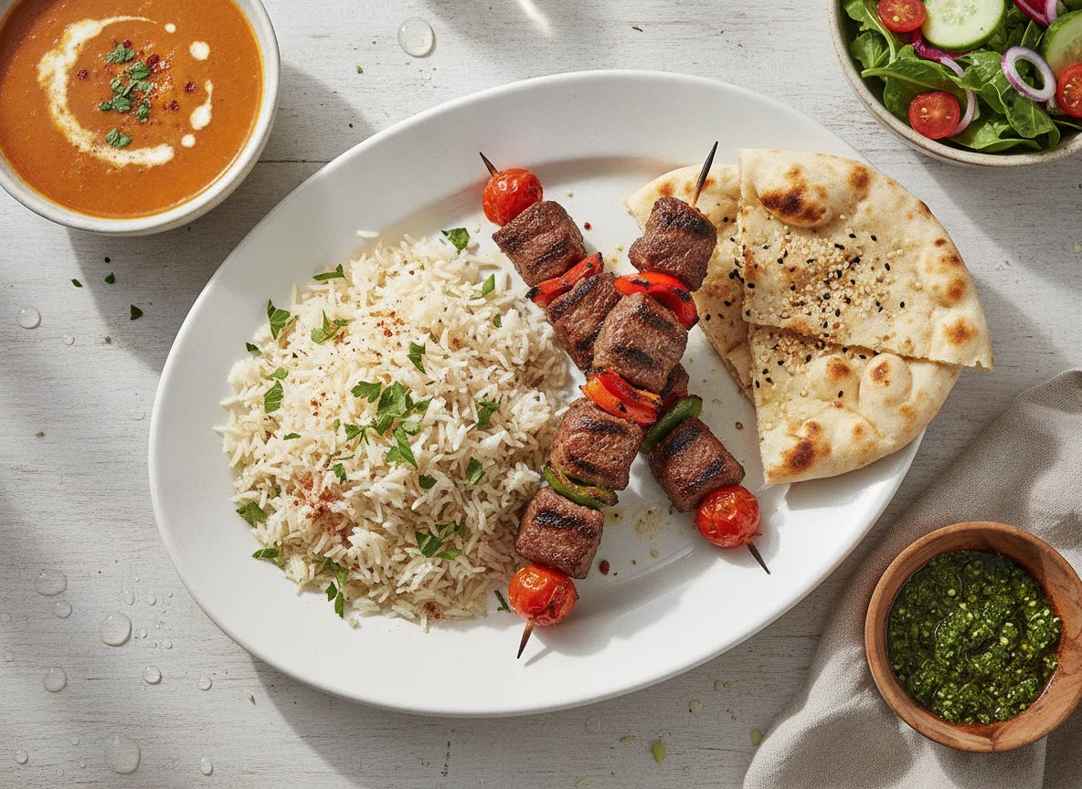 Beef Kabob Platter with Rice and Lentil Soup photo