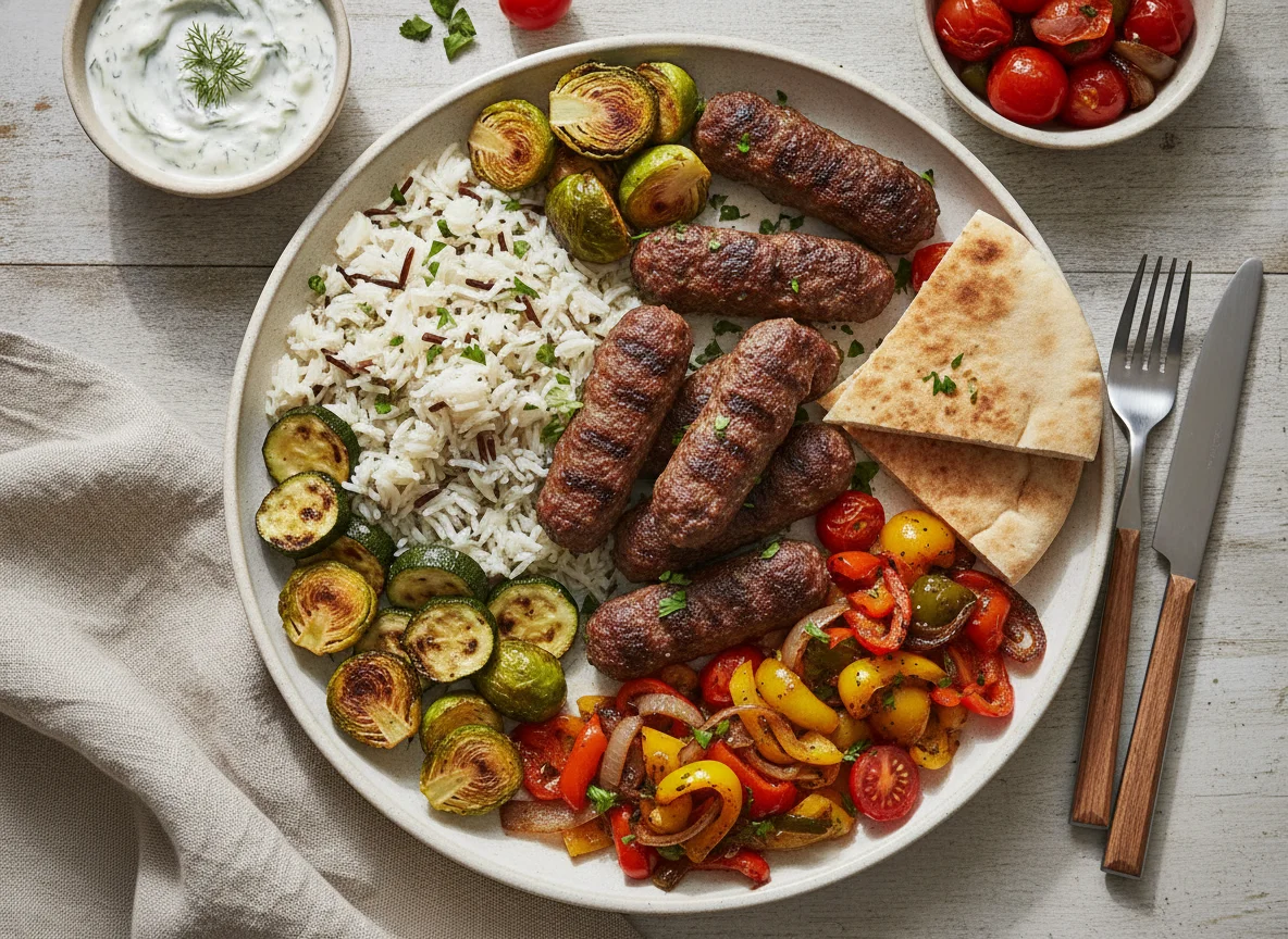 Beef Kofta Platter with Rice and Roasted Vegetables photo