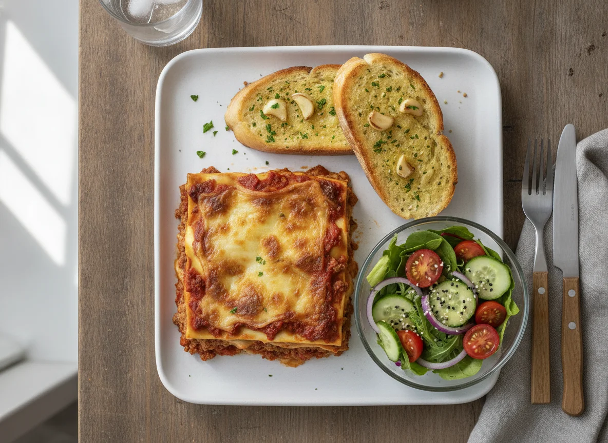 Beef Lasagne with Garlic Bread and Side Salad photo