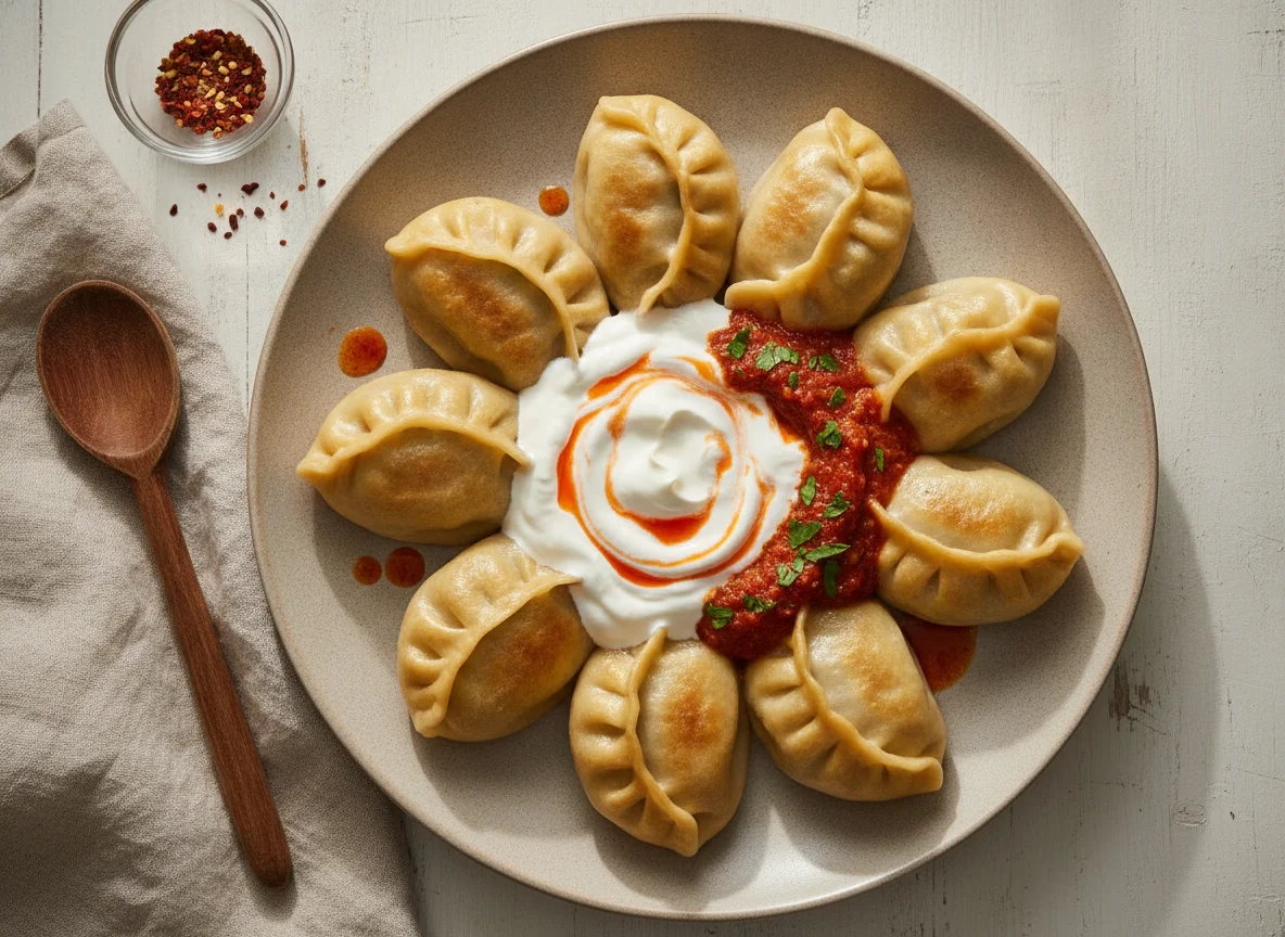 Beef Manti with Katyk and Adjika photo