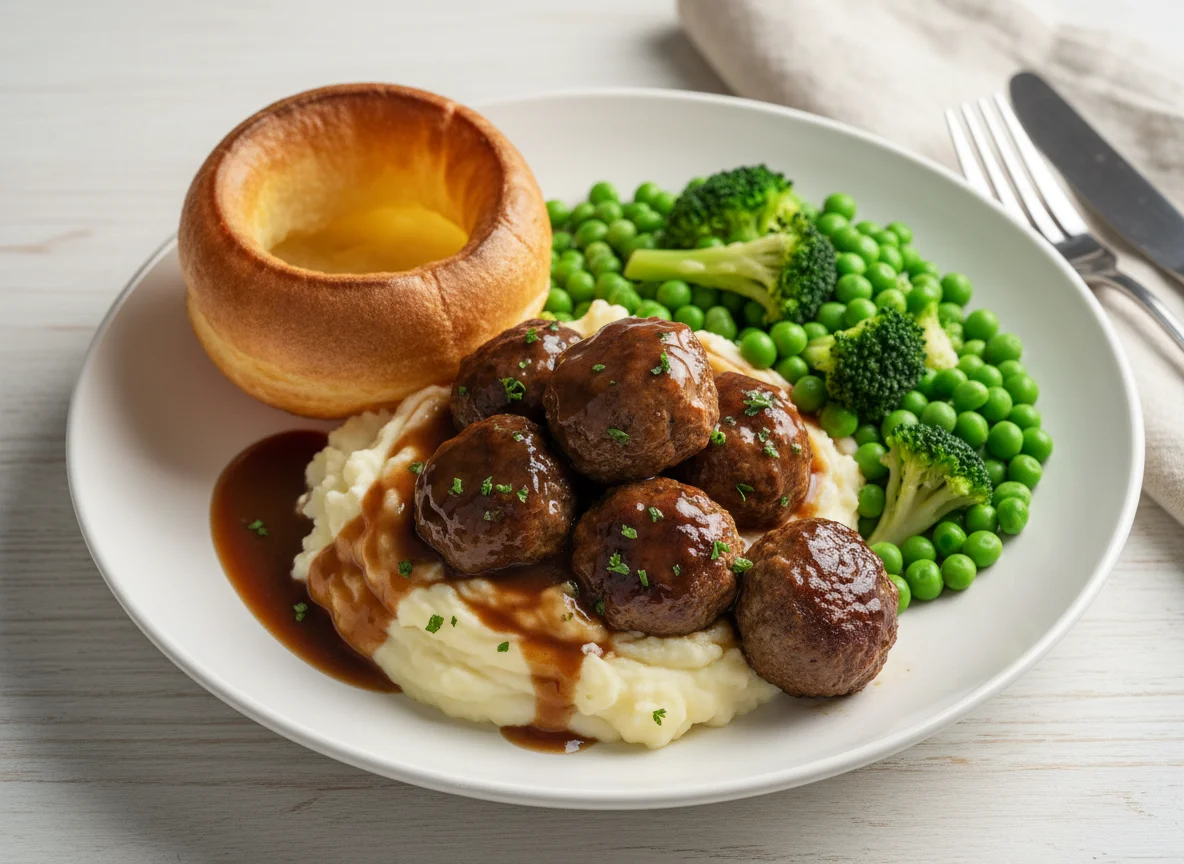 Beef meatballs with mashed potato, peas, broccoli, Yorkshire pudding and gravy photo