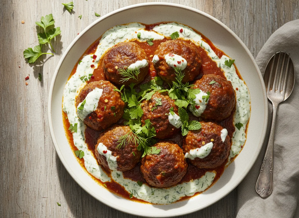 Beef Meatballs with Spicy Sauce and Herb Yogurt photo