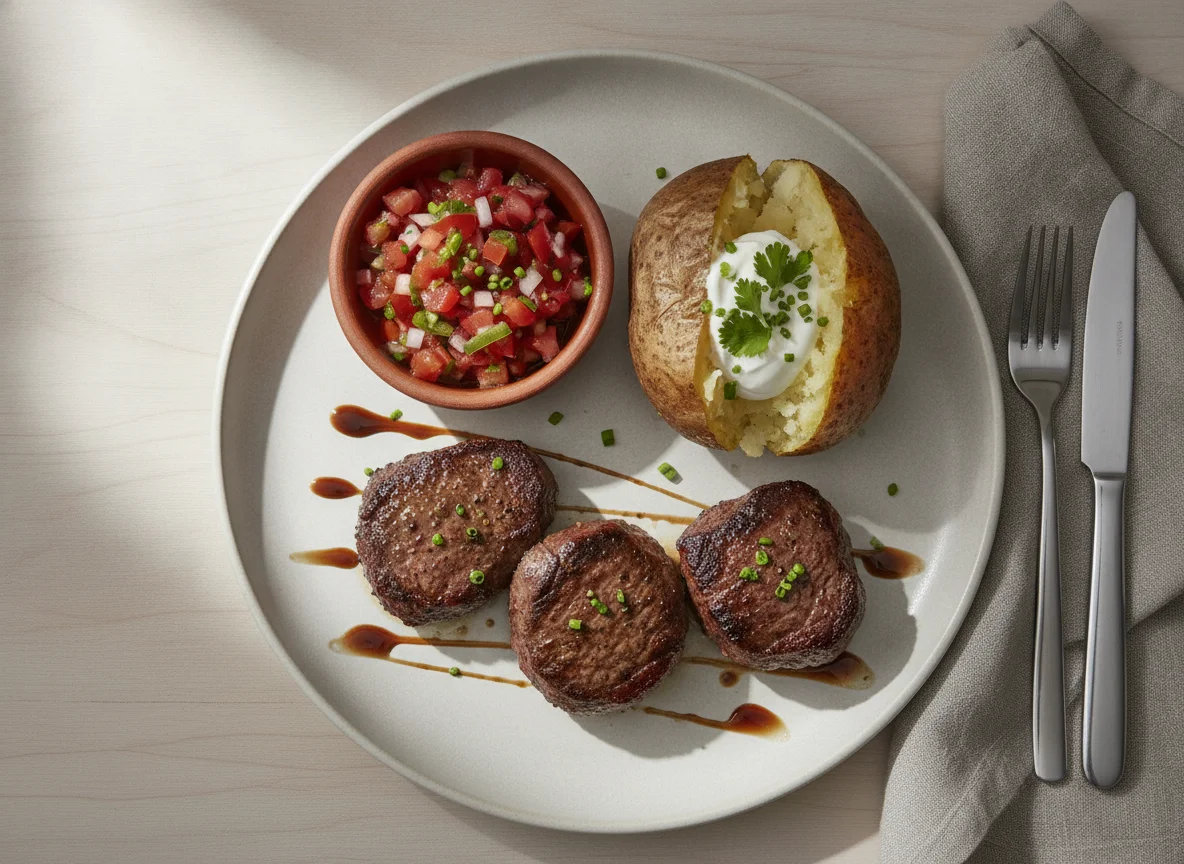 Beef medallions with baked potato and sauces photo