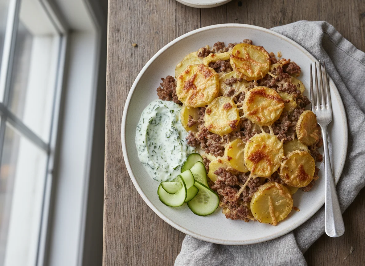 Beef Mince and Potato Bake with Cucumber and Sauce photo