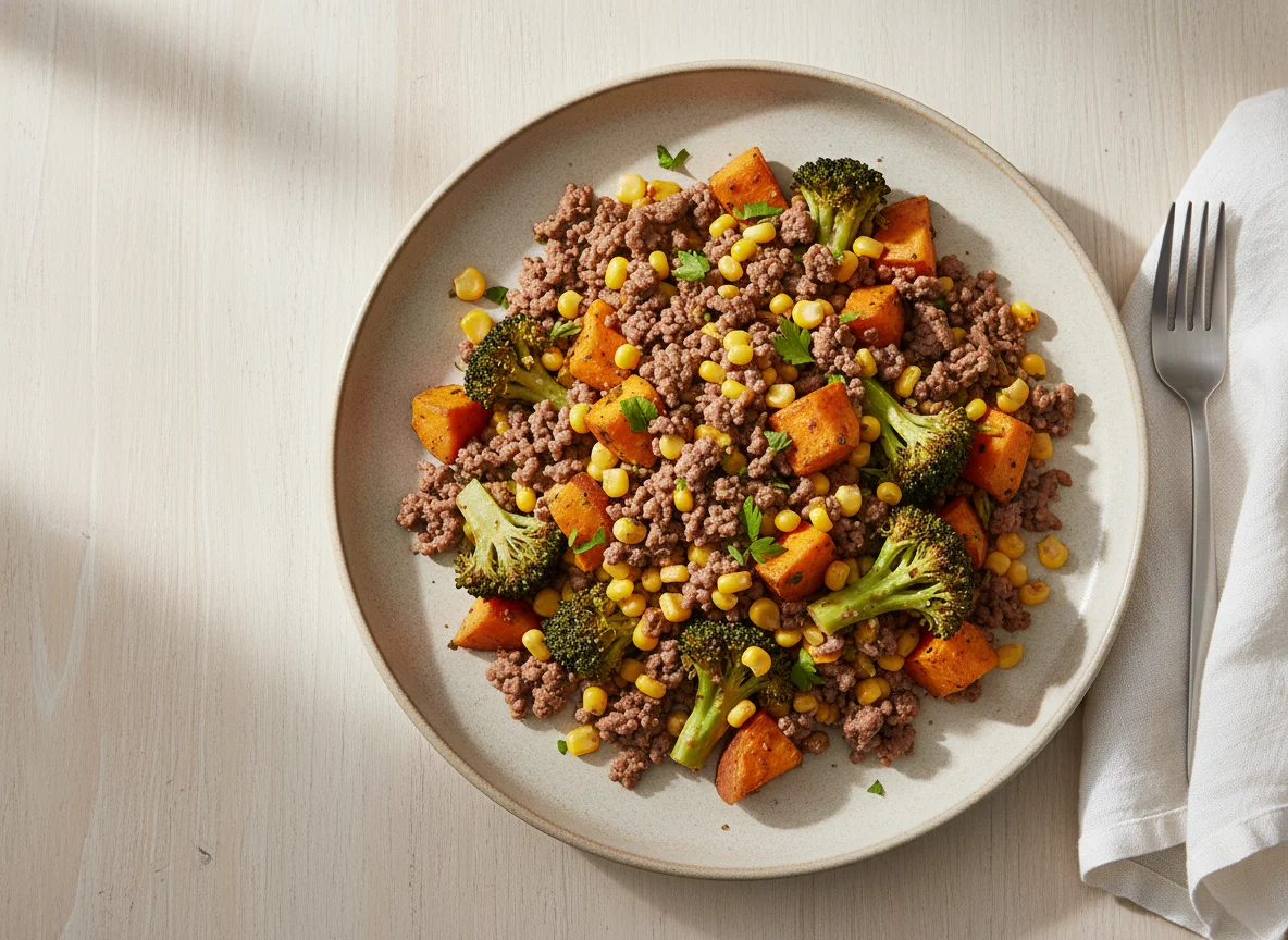 Beef mince with broccoli, sweet potato and corn photo