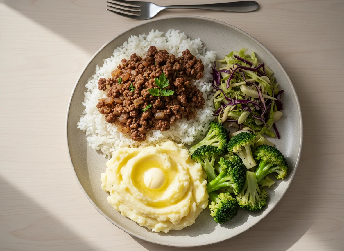 Beef mince with rice, broccoli, mashed potatoes and cabbage photo
