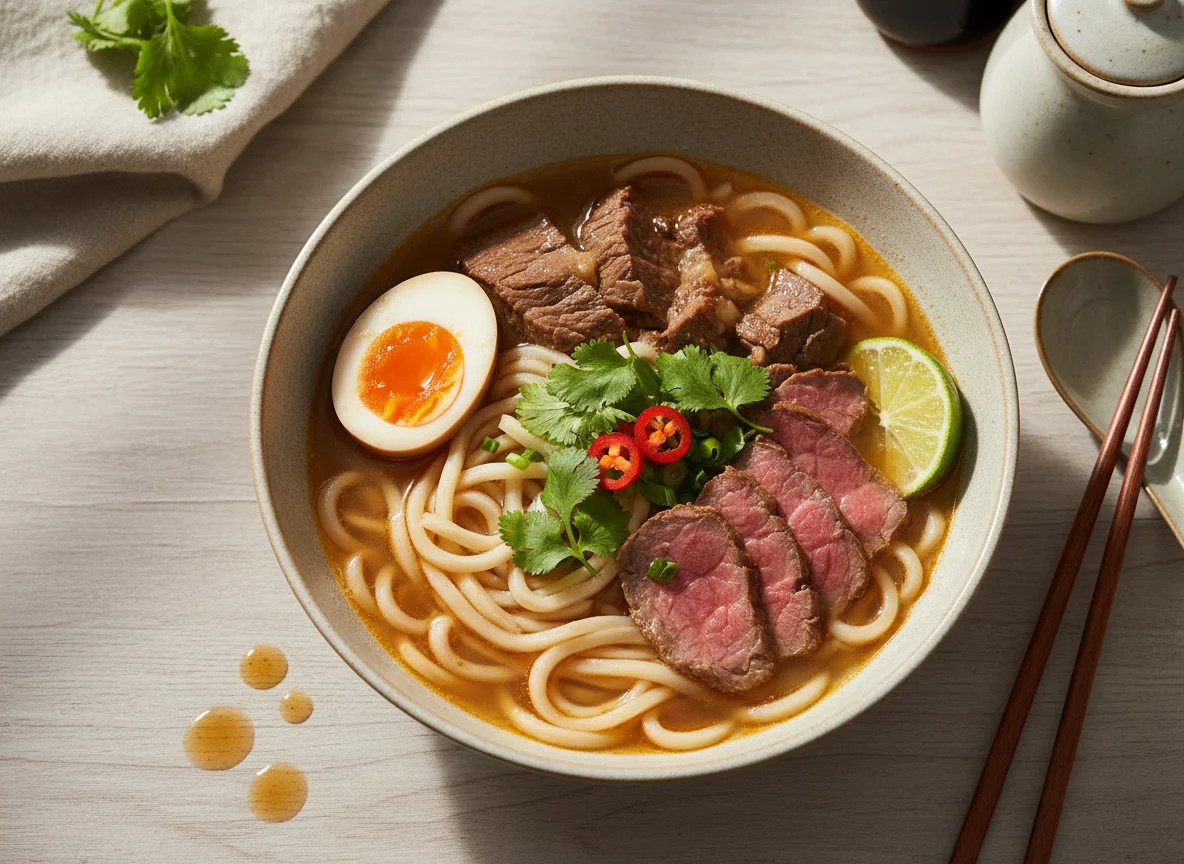 Beef Noodle Soup with Egg and Cilantro photo