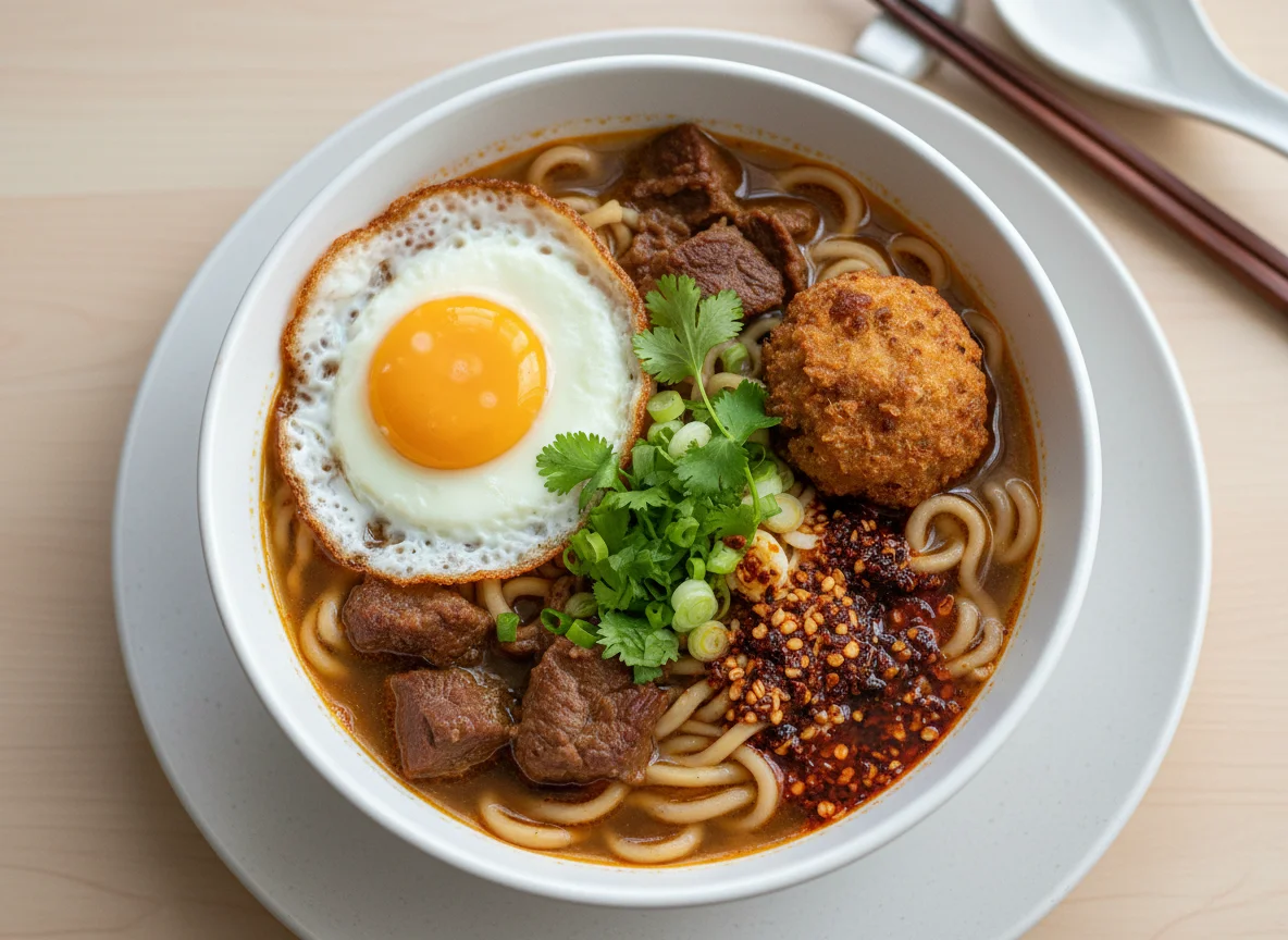 Beef Noodle Soup with Fried Egg and Meatball photo