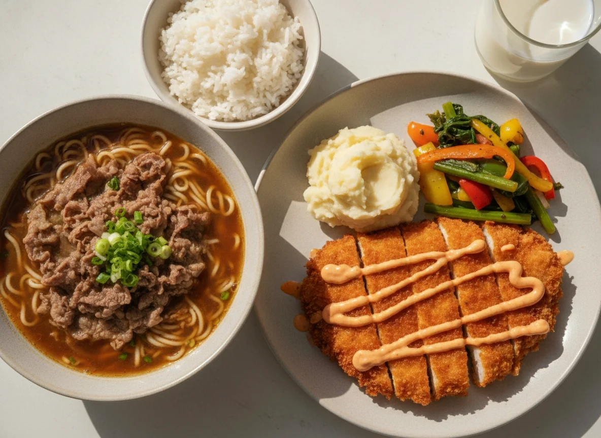 Beef Noodle Soup with Rice and Chicken Cutlet photo