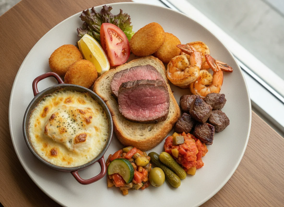 Beef on toast with shrimp, grilled meat, and fish gratin photo