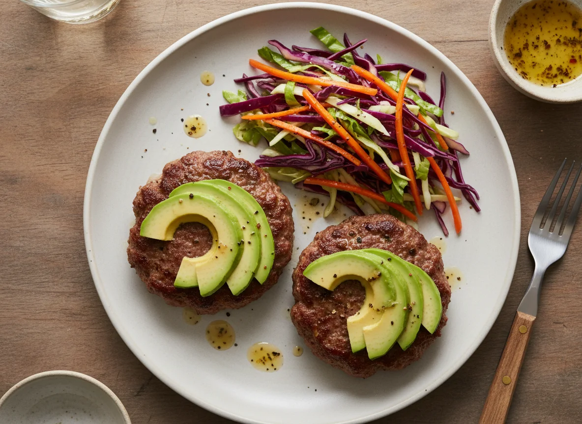 Beef patties with avocado and coleslaw photo