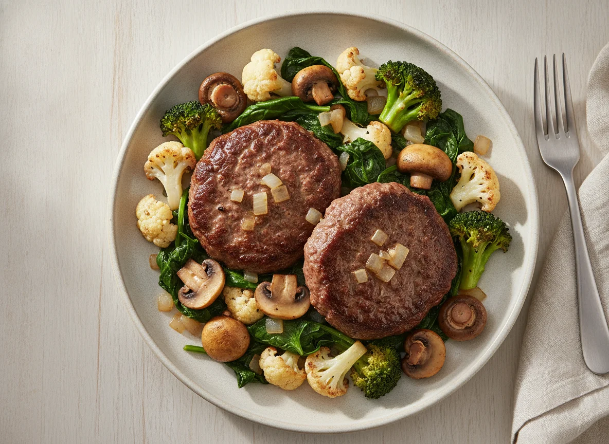 Beef patties with cauliflower, spinach, and mushrooms photo
