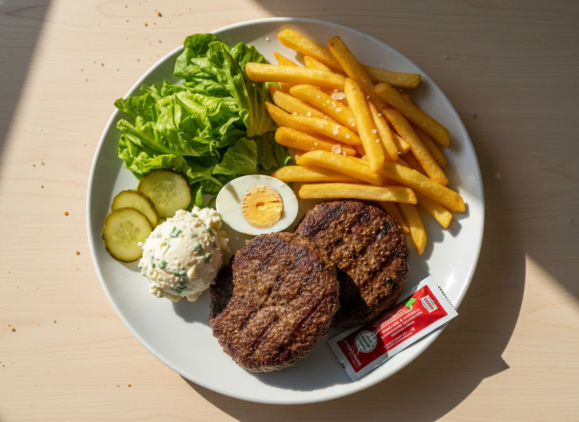 Beef patties with fries and salad photo